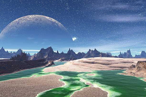 istock Alien Planet. Lake, rocks and moon 503743410