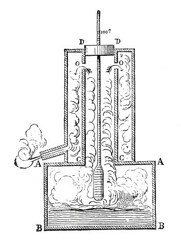 19-th century illustration showing the fixing of boiling point of water on thermometer. Published in 