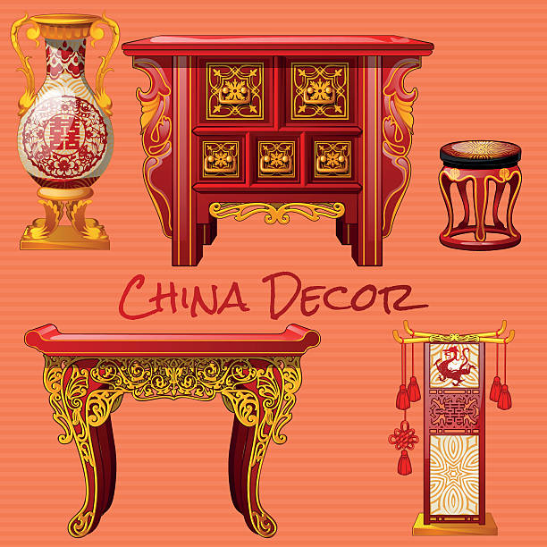 ilustraciones, imágenes clip art, dibujos animados e iconos de stock de vintage muebles de estilo chino en el - asian culture dragon textile symbol