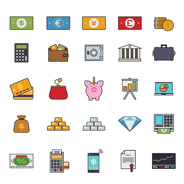 Finance and money filled line icon vector set Collection of money, finance and banking related line icons with color fill piggy bank gold british currency pound symbol stock illustrations