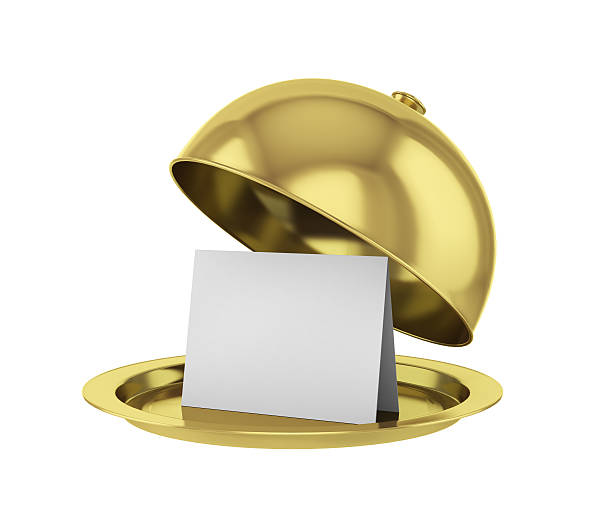 istock Gold restaurant cloche with paper template on white background. 503754926