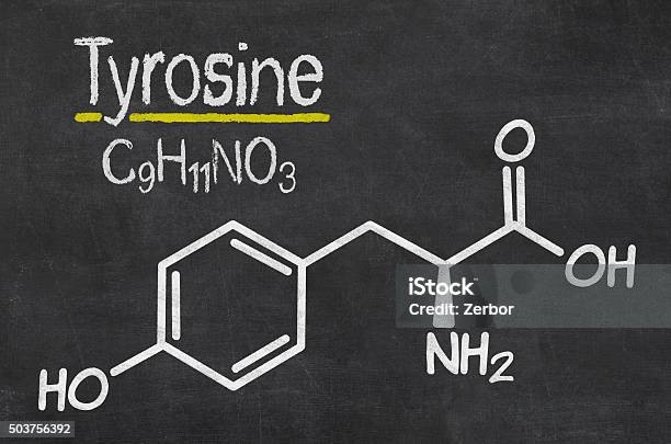 Blackboard With The Chemical Formula Of Thyrosine Stock Photo - Download Image Now - Tyrosine, Science, Acid