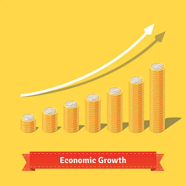 Vector illustration of Stacked coins growth chart. Rising revenue concept