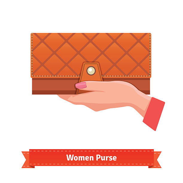 Woman hand holding luxury leather purse Beautiful woman hand with pink manicure holding luxury leather purse. Flat style vector illustration. clutch bag stock illustrations