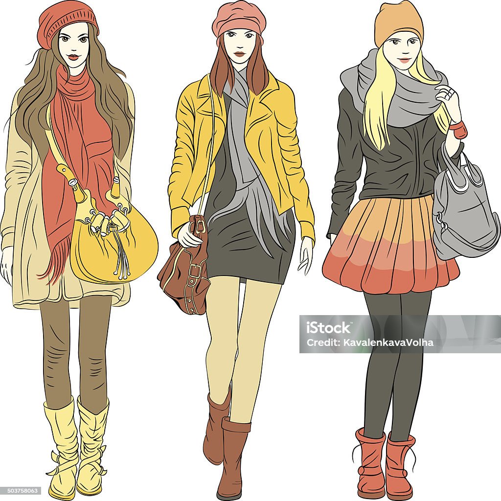 Vector fashion stylish girls in warm clothes set fashion stylish girls in warm pastel clothes Adult stock vector