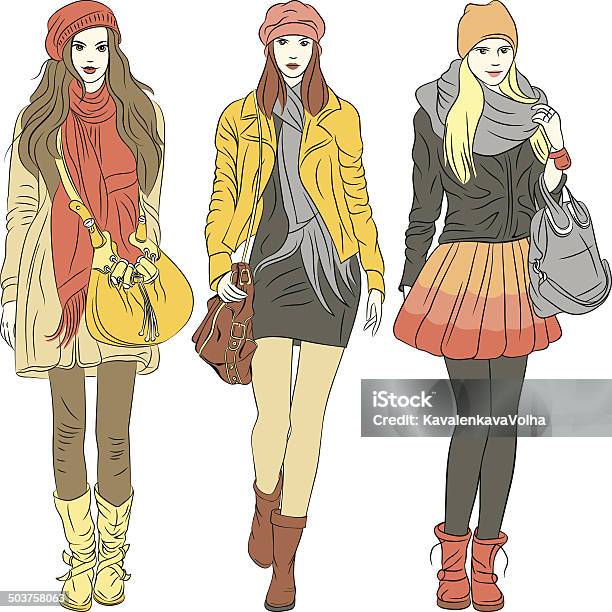 Vector Fashion Stylish Girls In Warm Clothes Stock Illustration - Download Image Now - Adult, Autumn, Bag