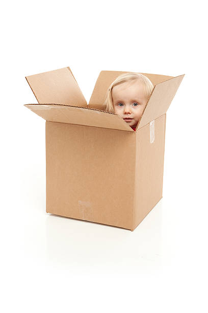 istock Little Girl Playing in Corrugated Box on White Background 503758462
