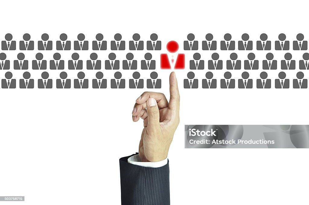 Businessman hand pointing to red human sign - business abstract Businessman hand pointing to red human sign - business abstract - HR, HRM, HRD ,CRM concept Abstract Stock Photo