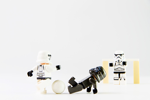 Nonthaburi, Thailand - December 29, 2015: The lego Star Wars mini figures from movie series on isolated white background, Lego is an interlocking brick system collected around the world by adults and children.