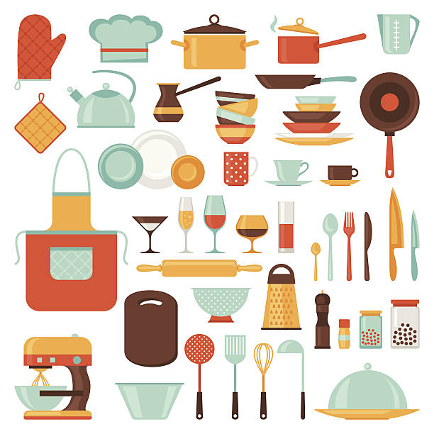 küche und im restaurant icon set an küchenutensilien. - dishware stock-grafiken, -clipart, -cartoons und -symbole