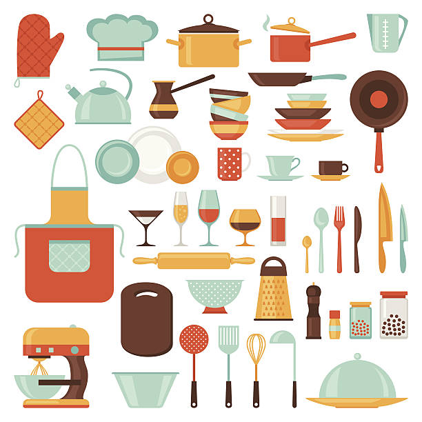 illustrazioni stock, clip art, cartoni animati e icone di tendenza di icone di cucina e ristorante set di utensili. - piatto stoviglie illustrazioni