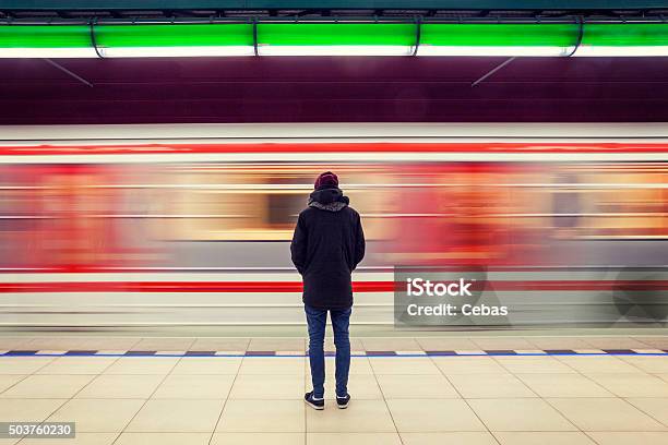 Man At Subway Station And Moving Train Stock Photo - Download Image Now - Train - Vehicle, People, Speed