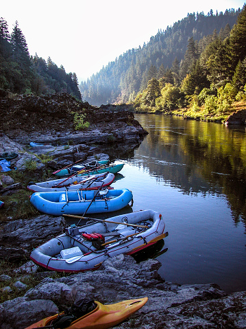 Inflatable rafts by the Rogue River in southern Oregon.