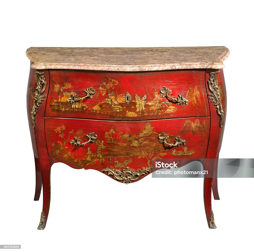old original japaned vintage wooden chest of drawers isolated old vintage antique chest of drawers known as commode  wood painted to look Japanese ormolu furniture and marble top isolated on white with clipping path Antique Stock Photo