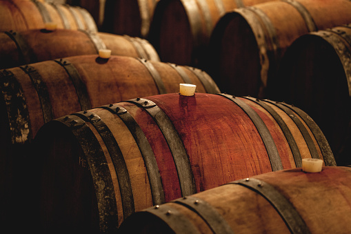 Wine barrels in wine cellar