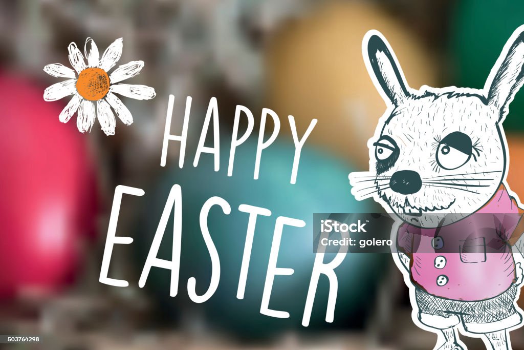 happy easter text with bunny cartoon on blurred easter eggs Animal stock vector