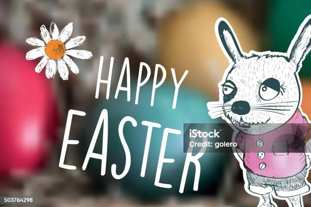 Happy Easter Text With Bunny Cartoon On Blurred Easter Eggs Stock Illustration - Download Image Now