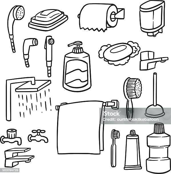 Vector Set Of Bathroom Equipment Stock Illustration - Download Image Now - Drawing - Activity, Mouthwash, Faucet