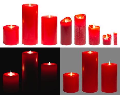 Candles Light, Set of Red Candles Lights, on White Black Grey Background with clipping path