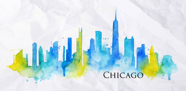 Silhouette watercolor Chicago Silhouette of Chicago city painted with splashes of watercolor drops streaks landmarks in blue with yellow chicago skyline stock illustrations