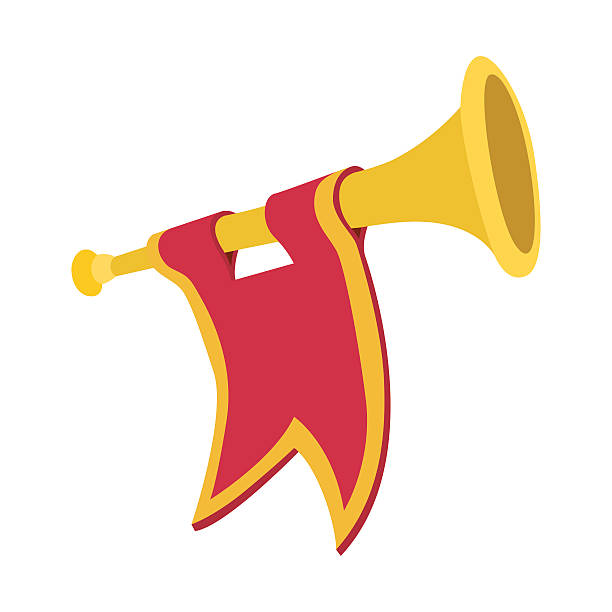 illustrations, cliparts, dessins animés et icônes de trompette dessin animé avec drapeau rouge - bugle