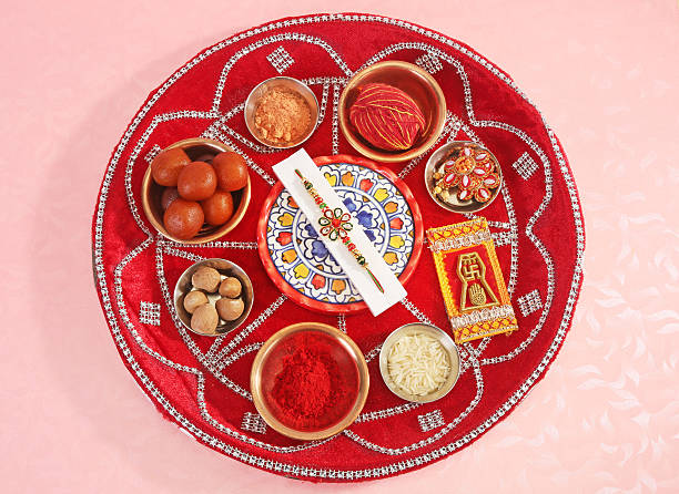 Rakhi or Rakshabandhan - Indian Traditional Festival A rakhi is traditionally tied by a sister to her brother on the Raksha-Bandhan festival day in India. decorated rakhi thali stock pictures, royalty-free photos & images