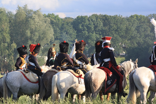 Waterloo, Belgium - June 18,2011: Senior soldiers at the historical Battle of Waterloo in Belgium.