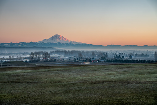 A view of Mount Rainier from Kent, Washington at sunset