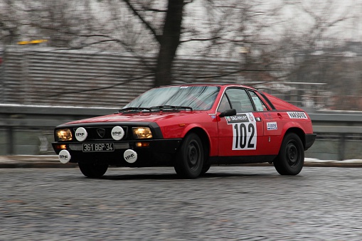 Warsaw, Poland - 27th January, 2011: Lancia Beta Montecarlo (1975–1982) in historic rally specification riding on the street during the Monte Carlo Historique Rally. The late 1970s were a very successful period in rallying for Lancia in Europe.