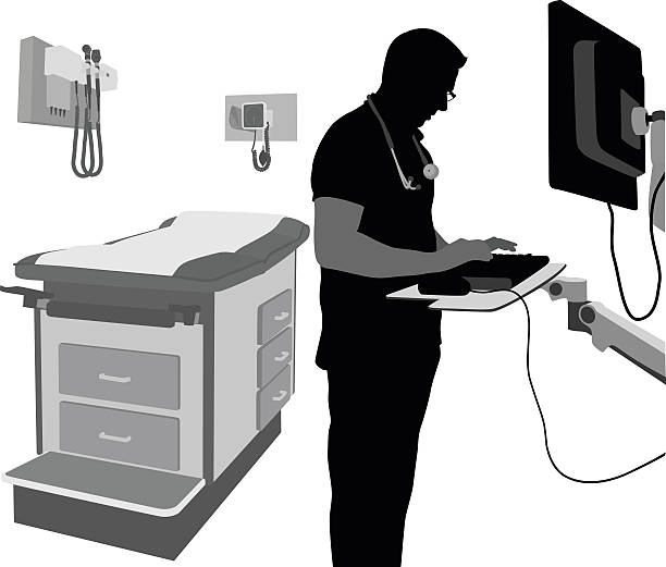 ilustrações, clipart, desenhos animados e ícones de walkin médico na clínica pc - examination table