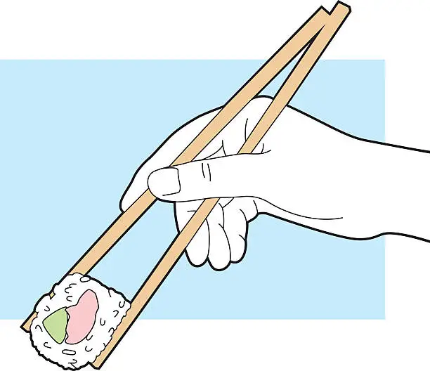 Vector illustration of Hand Holding Chopsticks with Sushi Line Art