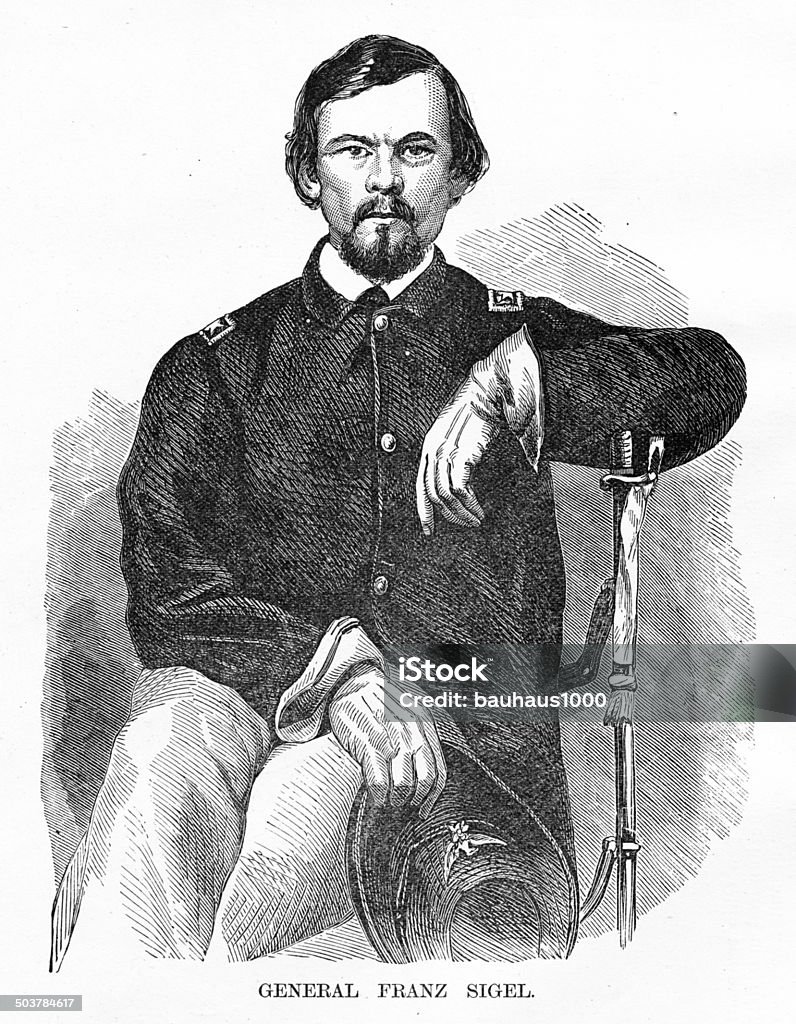 General Franz Sigel Engraving Engraving of General Franz Sigel, 1861 from "Famous Leaders and Battle Scenes of the Civil War," Published in 1864. Copyright has expired on this artwork. Digitally restored. 1860-1869 stock illustration