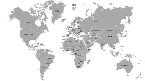 ilustraciones, imágenes clip art, dibujos animados e iconos de stock de mapa mundial en gris con los nombres de cada país. - world map