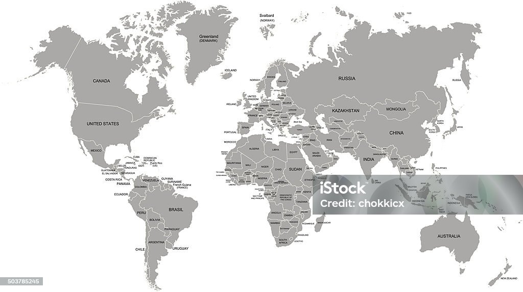 world map in gray with each country names The world map was traced and simplified in Adobe Illustrator on 31MARCH2014 from a copyright-free resource below: World Map stock vector
