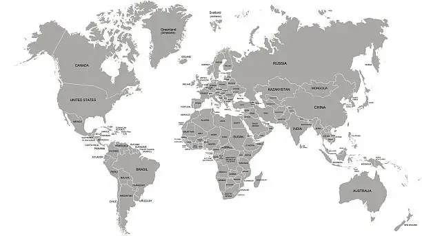Vector illustration of world map in gray with each country names