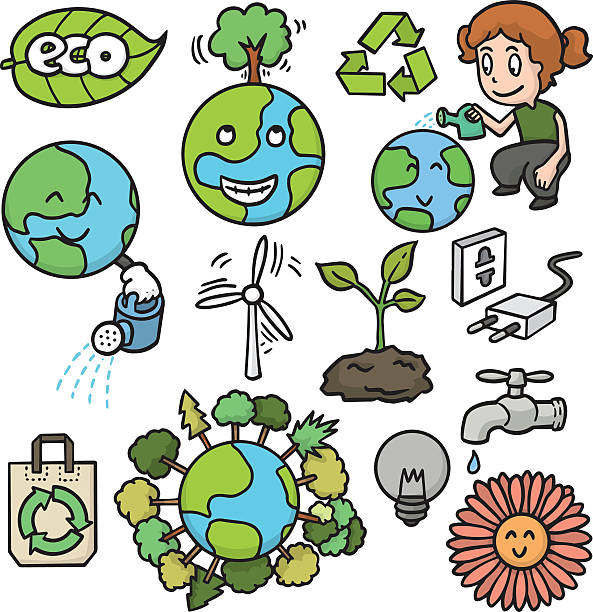 vektor-satz von ökologie und recycling-symbol - art electric plug cartoon drawing stock-grafiken, -clipart, -cartoons und -symbole