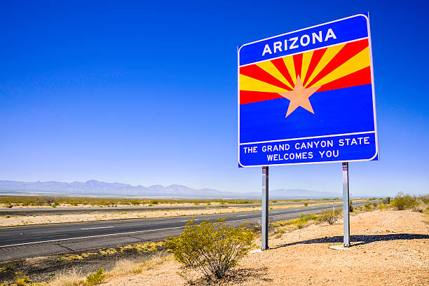 Arizona State Line Welcome Sign - highway desert, mountains, sky