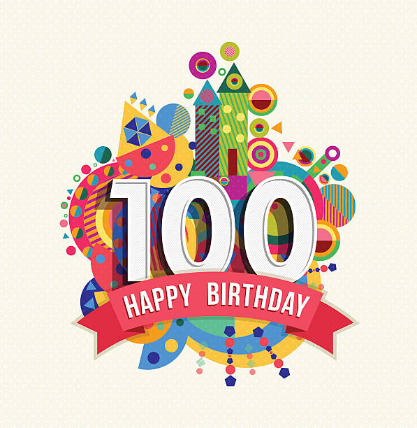 Happy birthday 100 year greeting card poster color Happy Birthday one hundred 100 year, fun celebration greeting card with number, text label and colorful geometry design. EPS10 vector. number 100 stock illustrations