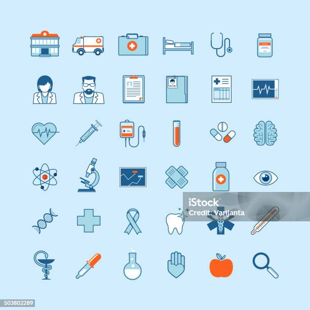 Ilustración de Conjunto De Iconos De Diseño Plano Sobre Tema De Medicina y más Vectores Libres de Derechos de Ícono