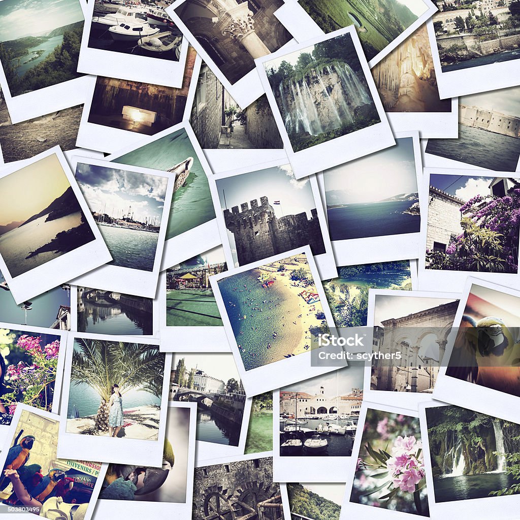 pictures of holiday mosaic with pictures of different places and landscapes, snapshots uploaded to social networking services Instant Camera Stock Photo