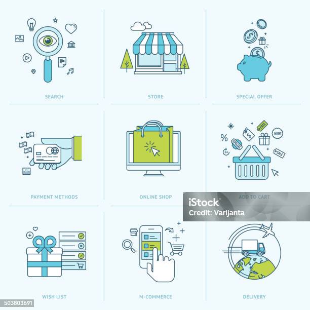Set Of Flat Line Icons For Online Shopping Stock Illustration - Download Image Now - Add To Cart, Online Shopping, Abstract