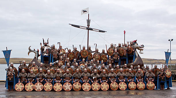 Vikings Aboard the Up Helly Aa Galley stock photo