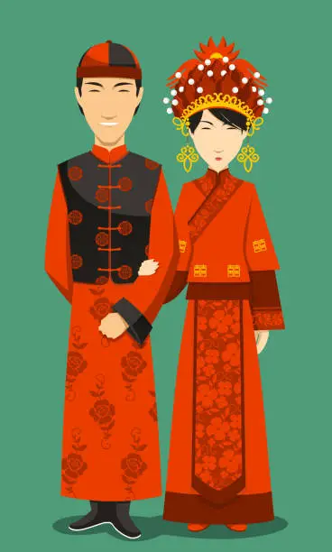 Vector illustration of Chinese Bride and Groom Wedding Celebration