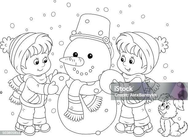 Kinder Einen Schneemann Stock Vektor Art und mehr Bilder von Malbuchseite - Illustrationstechnik - Malbuchseite - Illustrationstechnik, Winter, Kind