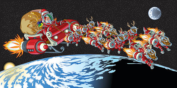 ilustrações de stock, clip art, desenhos animados e ícones de astronauta santa natal e rena em órbita - santas sack