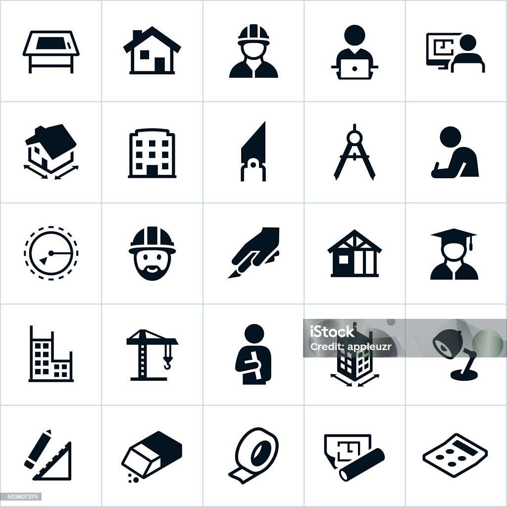 Architecture Icons Icons related to the architecture industry including icons shows architects, architectural drawings, plans, structures, tools and other related symbols. The icons represent residential and commercial architecture showing homes and business buildings. Icon Symbol stock vector
