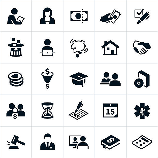 Taxes Icons Icons related to taxes. The icons represent tax specialists, accountants, money, filing, deductions and other tax related concepts. Icons include an accountant, tax specialist, tax deductions, money, piggy bank, retirement nest egg, charitable contributions, forms, and other tax themes. tax icons stock illustrations