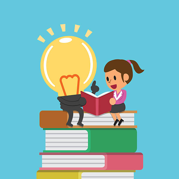 istock Cartoon businesswoman and big idea reading a book 503807944