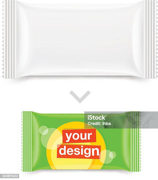 Pillow Flow Sachet Pack With An Example Of Use Stock Illustration - Download Image Now - Cookie, Package, Packaging