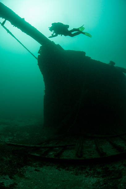 Shipwreck in Lake Michigan A scuba diver explores an old, wooden shipwreck in Lake Michigan. The waters of the Great Lakes are so cold that they preserve the many wrecks on bottom. wrecked wood boat stock pictures, royalty-free photos & images